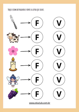 Atividades das palavras com F e V para Educação Infantil, 1º Ano, 2º Ano de Português, Alfabetização, Ortografia, Consciên...