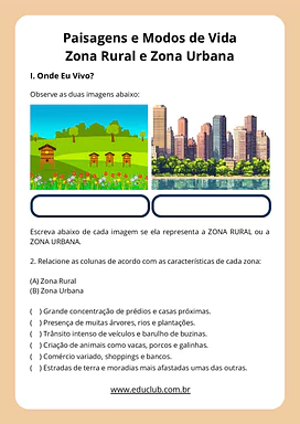 Atividade sobre zona rural e urbana 3 º e 4º ano para 3º Ano, 4º Ano de Geografia, Ciências Sociais - Material educacional