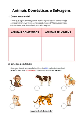 Atividades sobre animais domésticos e selvagens para Educação Infantil, 1º Ano, 2º Ano de Meio Ambiente, Animais, Ciências...