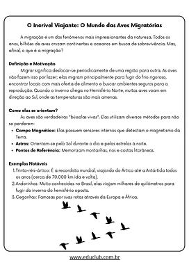Atividade sobre animais migratórios para 3º Ano, 4º Ano, 5º Ano de Geografia, Ciências - Material educacional