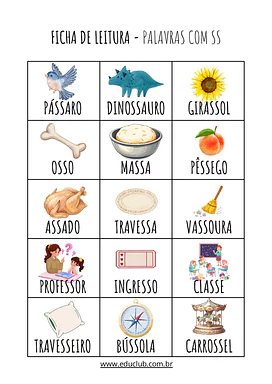 Palavras com SS - Ficha de leitura para 1º Ano, 2º Ano, 3º Ano de Português - Material educacional
