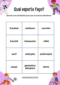 Jogo de mímica dos esportes para imprimir