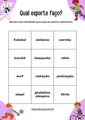 Jogo de mímica dos esportes para imprimir para Educação Infantil, 1º Ano, 2º Ano, 3º Ano, 4º Ano, 5º Ano de Educação Físic...