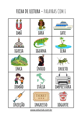 Palavras com I para alfabetização - ficha de leitura para Educação Infantil, 1º Ano de Português - Material educacional