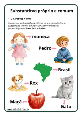 Atividades sobre substantivo comum e próprio para 2º e 3º ano do Ensino Fundamental para 2º Ano, 3º Ano de Português - Mat...