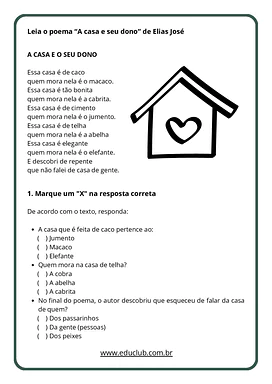 Atividades sobre o poema A casa e seu dono para 1º Ano, 2º Ano, 3º Ano de Português, Artes - Material educacional