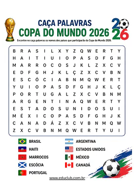 Caça-palavras da Copa do Mundo para imprimir para 1º Ano, 2º Ano, 3º Ano, 4º Ano, 5º Ano de Datas Comemorativas, Portuguê...