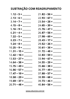 100 Contas de Subtração com Reagrupamento para Imprimir para 2º Ano, 3º Ano, 4º Ano de Operações básicas, Matemática - M...