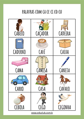 Palavras com CA CE CI CO CU para Educação Infantil, 1º Ano, 2º Ano de Vocabulário, Português, Consciência Fonológica, Alfa...