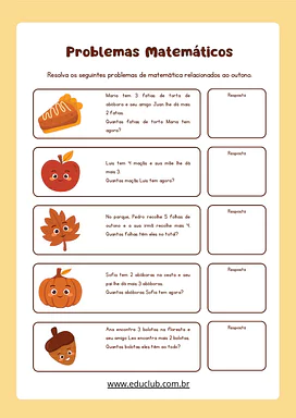 Problemas matemáticos com temática de outono para 1º e 2º ano para 1º Ano, 2º Ano de Matemática - Material educacional