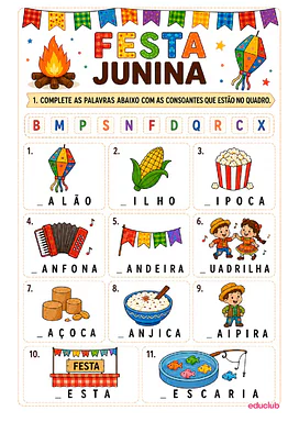 Atividade de completar palavras de Festa Junina com consoantes para Educação Infantil, 1º Ano, 2º Ano de Datas Comemorativ...