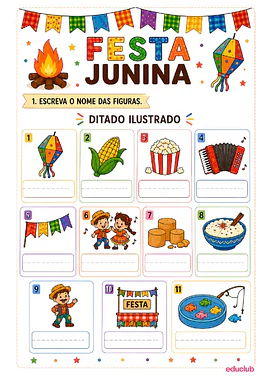 Ditado ilustrado de Festa Junina para imprimir para Educação Infantil, 1º Ano, 2º Ano de Datas Comemorativas, Português - ...
