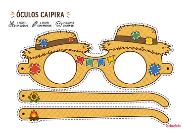 Óculos caipira para Festa Junina para imprimir para Educação Infantil, 1º Ano, 2º Ano, 3º Ano, 4º Ano, 5º Ano de Festa Ju...