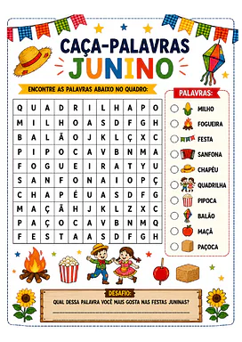Caça-palavras junino para imprimir para Educação Infantil, 1º Ano, 2º Ano, 3º Ano de Datas Comemorativas, Português - Mat...