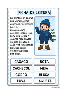 Ficha de leitura de palavras de inverno para alfabetização