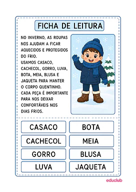 Ficha de leitura de palavras de inverno para alfabetização para Educação Infantil, 1º Ano de Datas Comemorativas, Portuguê...