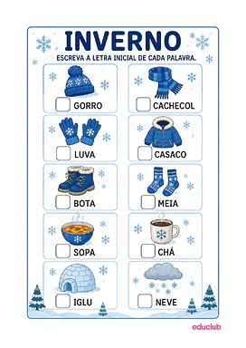 Atividade com letras iniciais em palavras do inverno para Educação Infantil, 1º Ano de Datas Comemorativas, Português, Con...