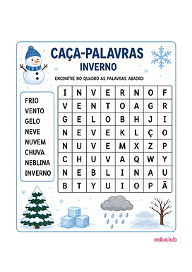 Caça-palavras de inverno para imprimir para Educação Infantil, 1º Ano, 2º Ano, 3º Ano de Português, Jogos Educativos - Ma...