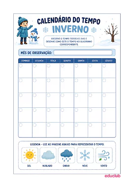 Atividade do calendário do tempo no inverno para imprimir para Educação Infantil, 1º Ano, 2º Ano de Ciências, Geografia -...