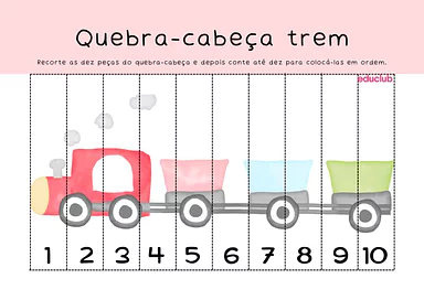 Quebra-cabeça de trem para imprimir para Educação Infantil de Matemática, Jogos Educativos - Material educacional