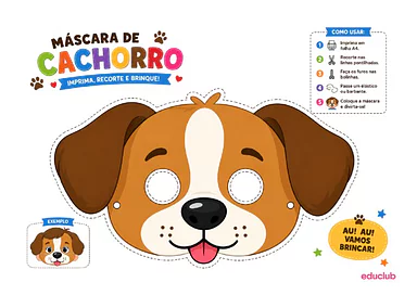 Máscara de cachorro para imprimir colorida para Educação Infantil, 1º Ano, 2º Ano de Animais, Artes - Material educacional