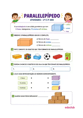Atividades sobre paralelepípedo para 3º Ano, 4º Ano, 5º Ano de Geometria, Matemática, Sólidos geométricos - Material educa...