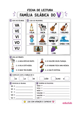Atividades com a família silábica do V para Educação Infantil, 1º Ano, 2º Ano de Português - Material educacional