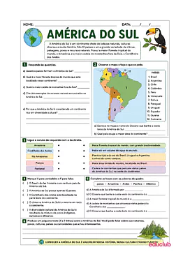 Atividades sobre a América do Sul para imprimir para 3º Ano, 4º Ano, 5º Ano de Geografia - Material educacional