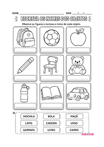 Atividades de escrever os nomes dos objetos