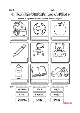 Atividades de escrever os nomes dos objetos para Educação Infantil, 1º Ano de Português, Alfabetização - Material educacional
