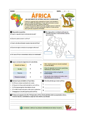 Atividades sobre a África para imprimir para 3º Ano, 4º Ano, 5º Ano de História, África, Geografia, Artes - Material educ...