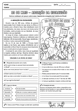 Atividades sobre a abolição da escravidão para 4º e 5º ano para 4º Ano, 5º Ano de História, Ciências Sociais, Português...