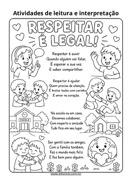Atividade de interpretação de poema sobre respeito para imprimir para 1º Ano, 2º Ano, 3º Ano de Português, Educação Emoc...