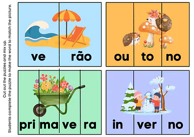 Sílabas das estações do ano para imprimir para Educação Infantil, 1º Ano, 2º Ano de Estações do ano, Sílabas, Português...