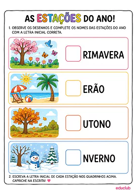 Atividades de alfabetização estações do ano para Educação Infantil, 1º Ano de Português - Material educacional