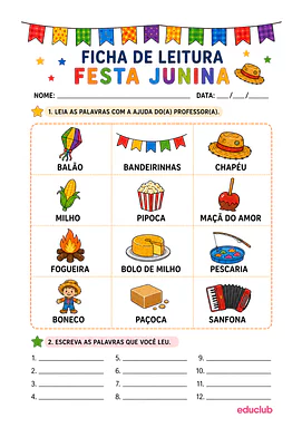 Ficha de leitura de palavras juninas para 1º Ano de Português, Datas Comemorativas - Material educacional