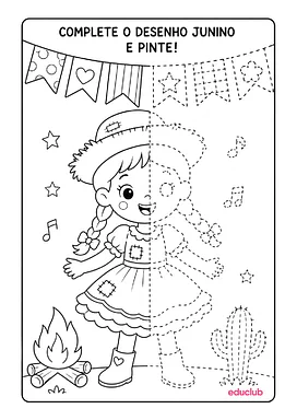 Complete o desenho junino e pinte para Educação Infantil, 1º Ano, 2º Ano de Datas Comemorativas, Artes - Material educacional
