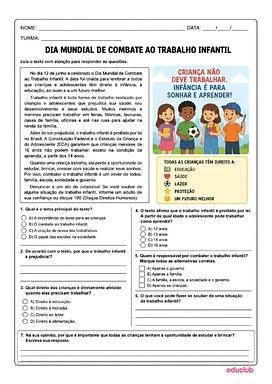 Atividades sobre o Dia Mundial de Combate ao Trabalho Infantil para 3º Ano, 4º Ano, 5º Ano de Datas Comemorativas, Ciência...