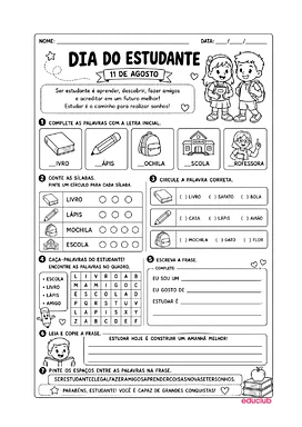 Atividades sobre o Dia do Estudante para alfabetização para Educação Infantil, 1º Ano, 2º Ano de Datas Comemorativas, Po...