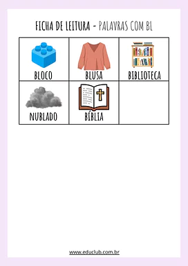 Ficha de leitura - palavras com BL para Educação Infantil, 1º Ano, 2º Ano de Português, Alfabetização - Material educacional