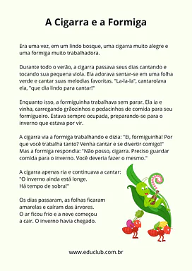 A cigarra e a formiga para 5º Ano, 4º Ano, 3º Ano, 2º Ano de Contos Infantis, Biblioteca - Material educacional