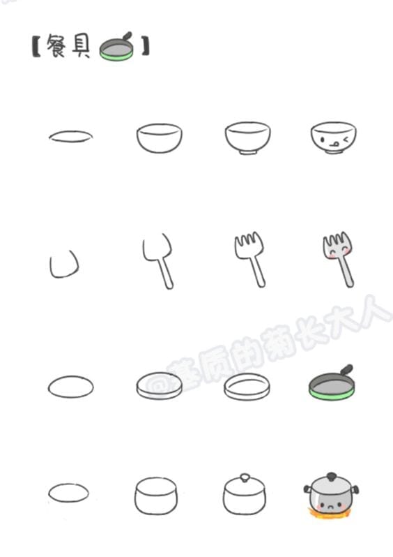 Desenhos kawaii para desenhar e colorir utensilios de cozinha